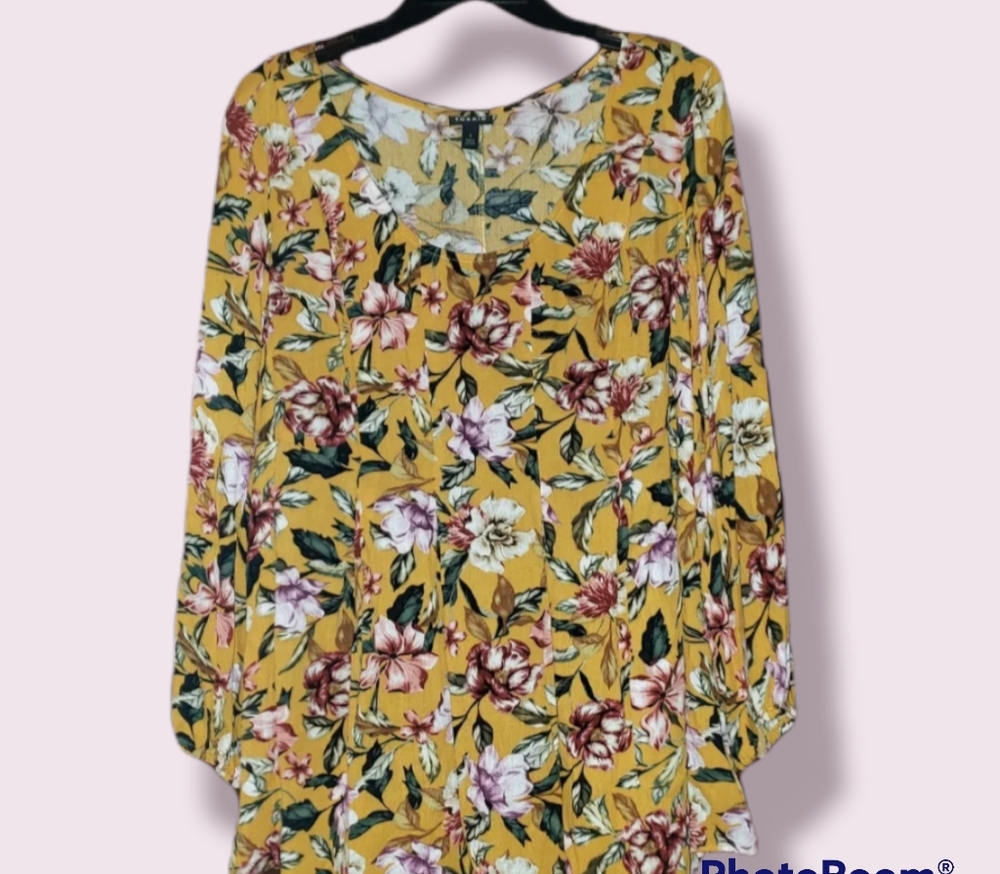 Torrid size 1 golden yellow floral crinkled gauze fit & flare blouse nwot